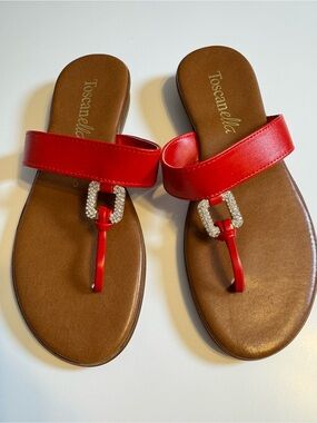 Toscanella Red Italian Gem-Accent Thong Sandals- Size 6